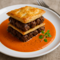 Receta de Milhojas de rabo de ternera con crema fría de pimientos asados
