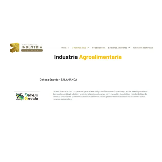 💚 Somos finalistas de los VIII Premios de la Industria en España® en la categoría "Industria Agroalimentaria" de la @fundaciontecnovitae por segundo año consecutivo. 

👉🏻 Los ganadores se concerán en la Gala de entrega de los VIII Premios de la Industria en España® que tendrá lugar el próximo día 19 de junio a las 19:00 horas en Valladolid.

🔝 ¡Seguimos sumando logros en nuestro 25 Aniversario! 

+ INFO https://www.premiosdelaindustria.es/finalistas-2025/

#DehesaGrande25 #aniversario #DehesaGrande #CarnedeVacuno #VacunodeCarne #Cooperativa #Extensivo #Ganadería #SectorGanadero #industriaagroalimentaria